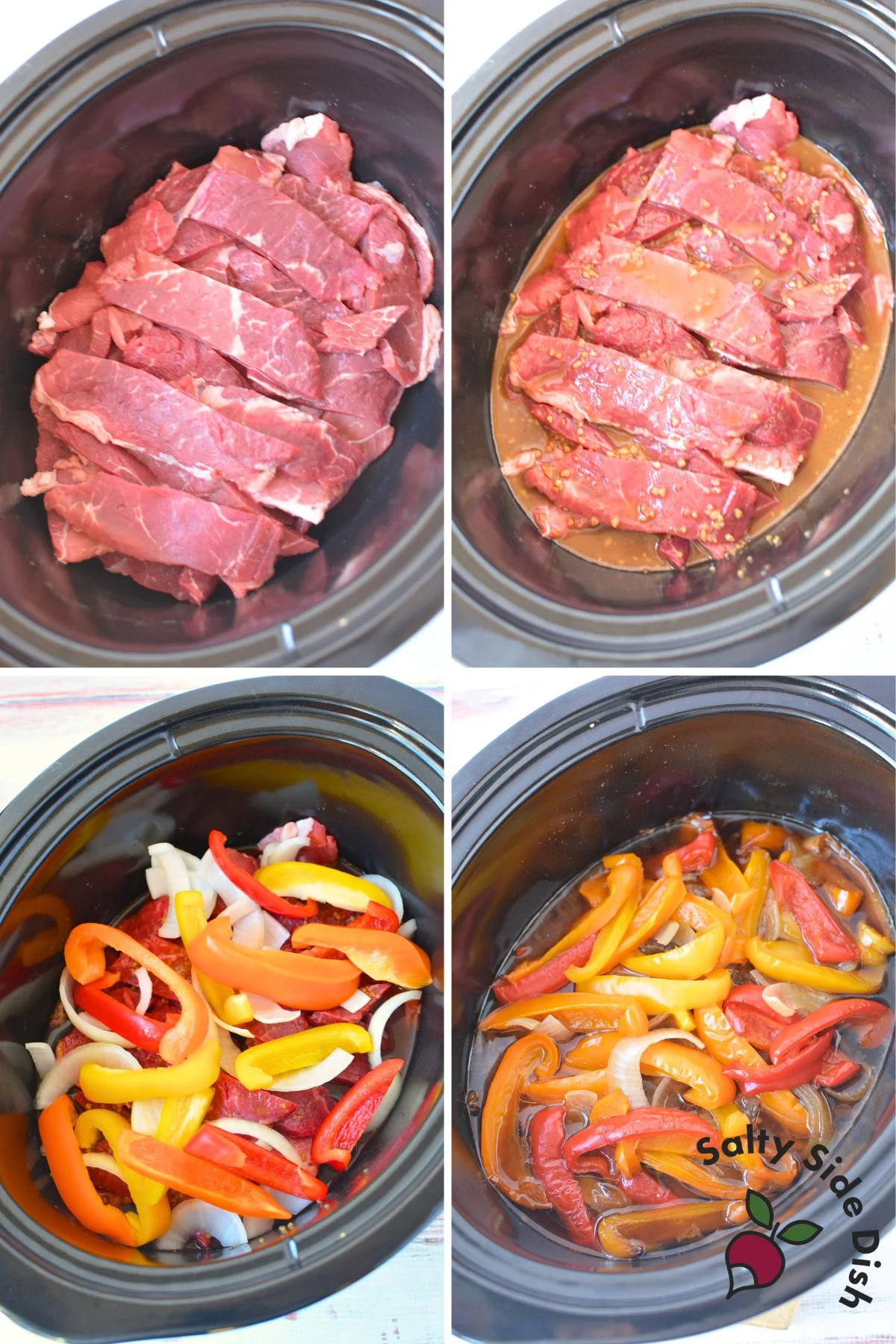 Step by step process showing how to make slow cooker steak and peppers with sirloin steak, bell peppers, onions, and soy ginger sauce