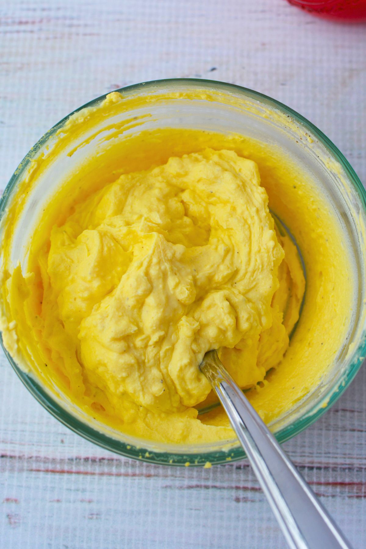classic deviled egg filling made with egg yolks mayonnaise and mustard mixed until smooth