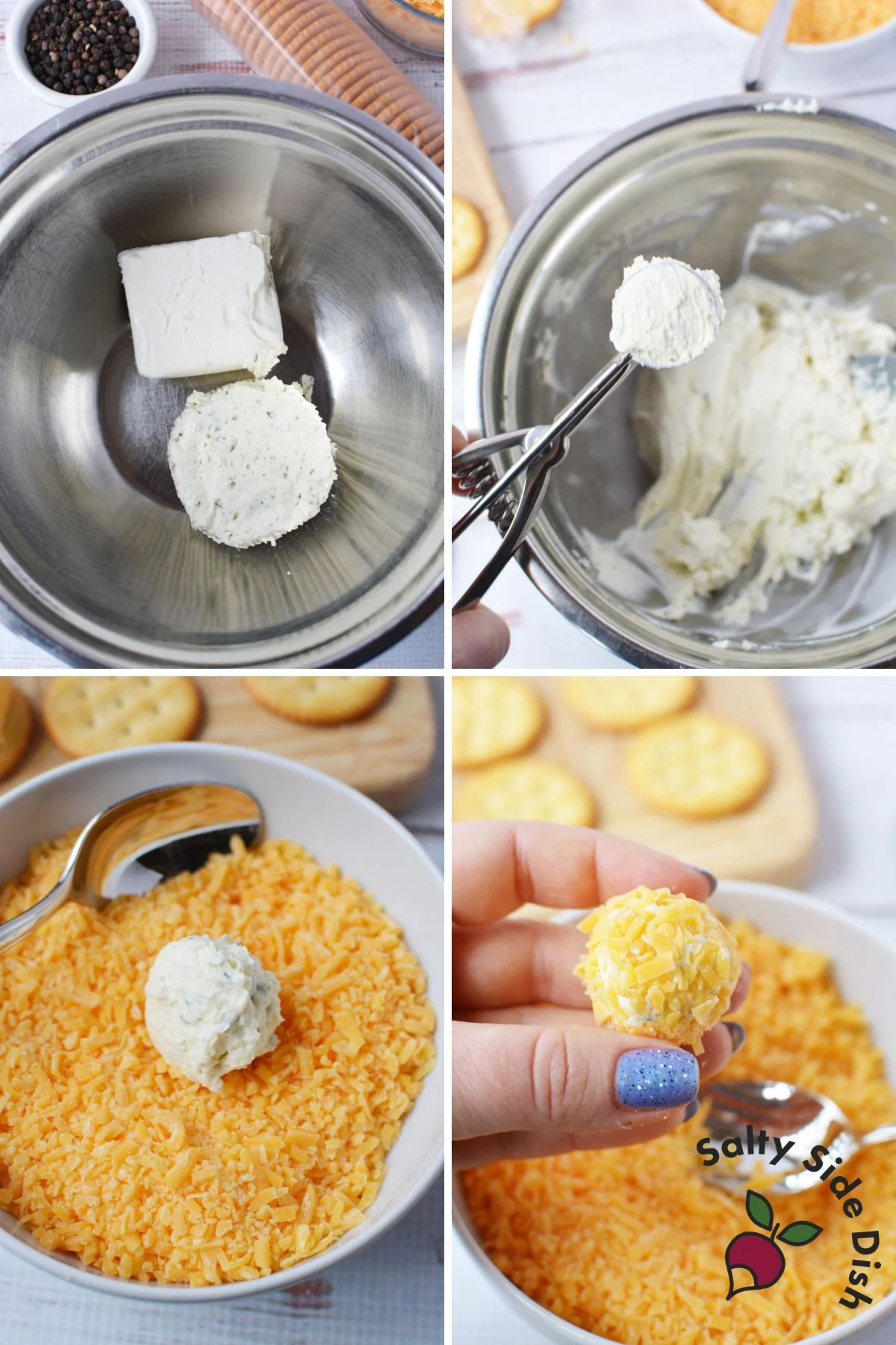 step by step photos showing how to make mini chick cheeseball bites including mixing Boursin and cream cheese, scooping portions, and rolling in shredded cheddar