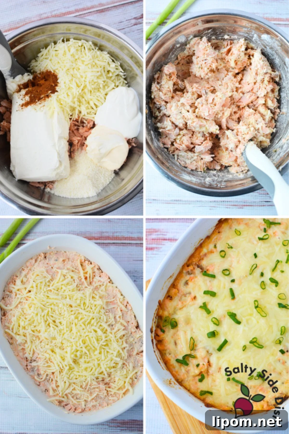 Baked Salmon Delight 4 Baked salmon dip ingredients mixed in a bowl to finished casserole dish