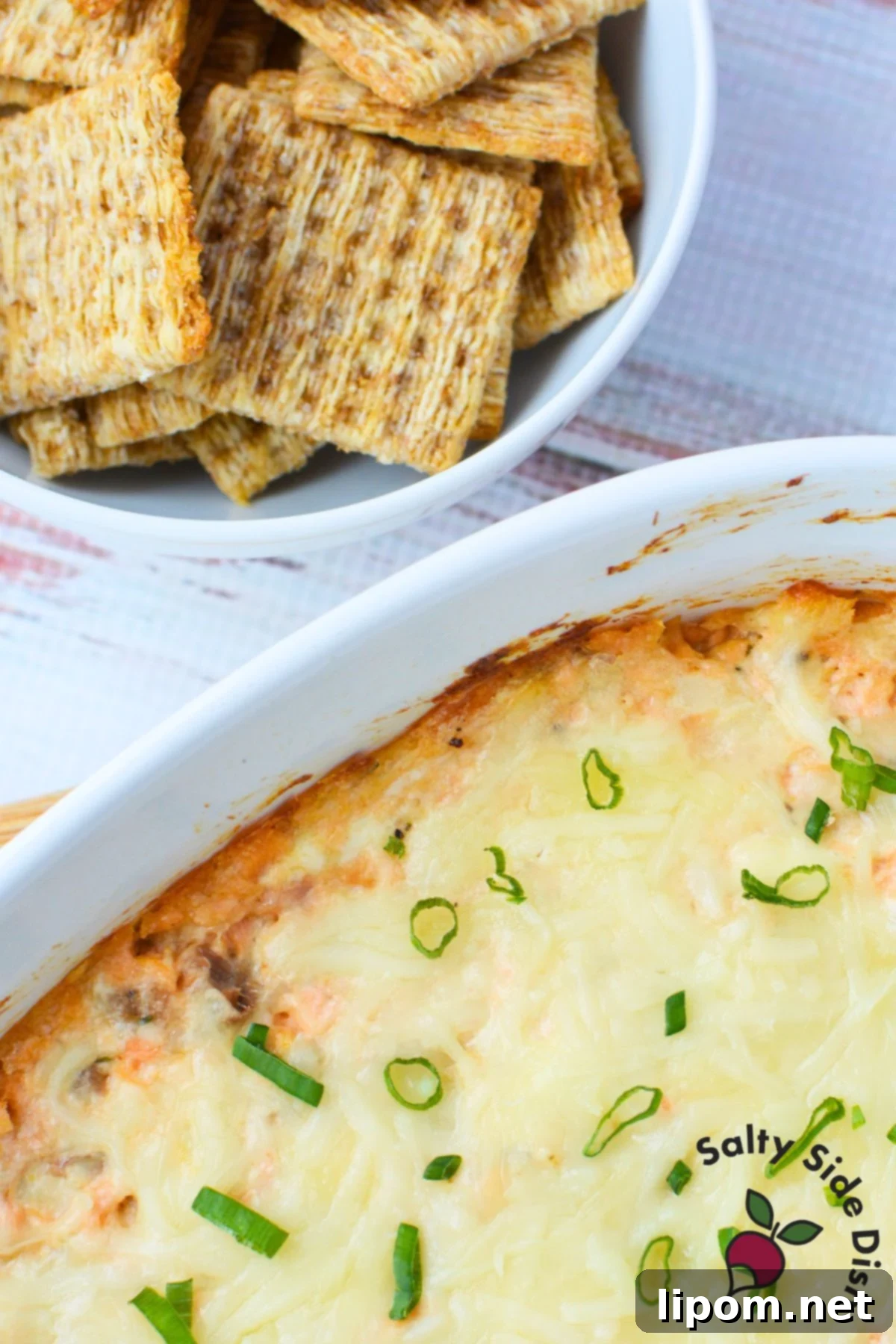 Baked Salmon Delight 5 Cheesy baked salmon dip served warm with crackers