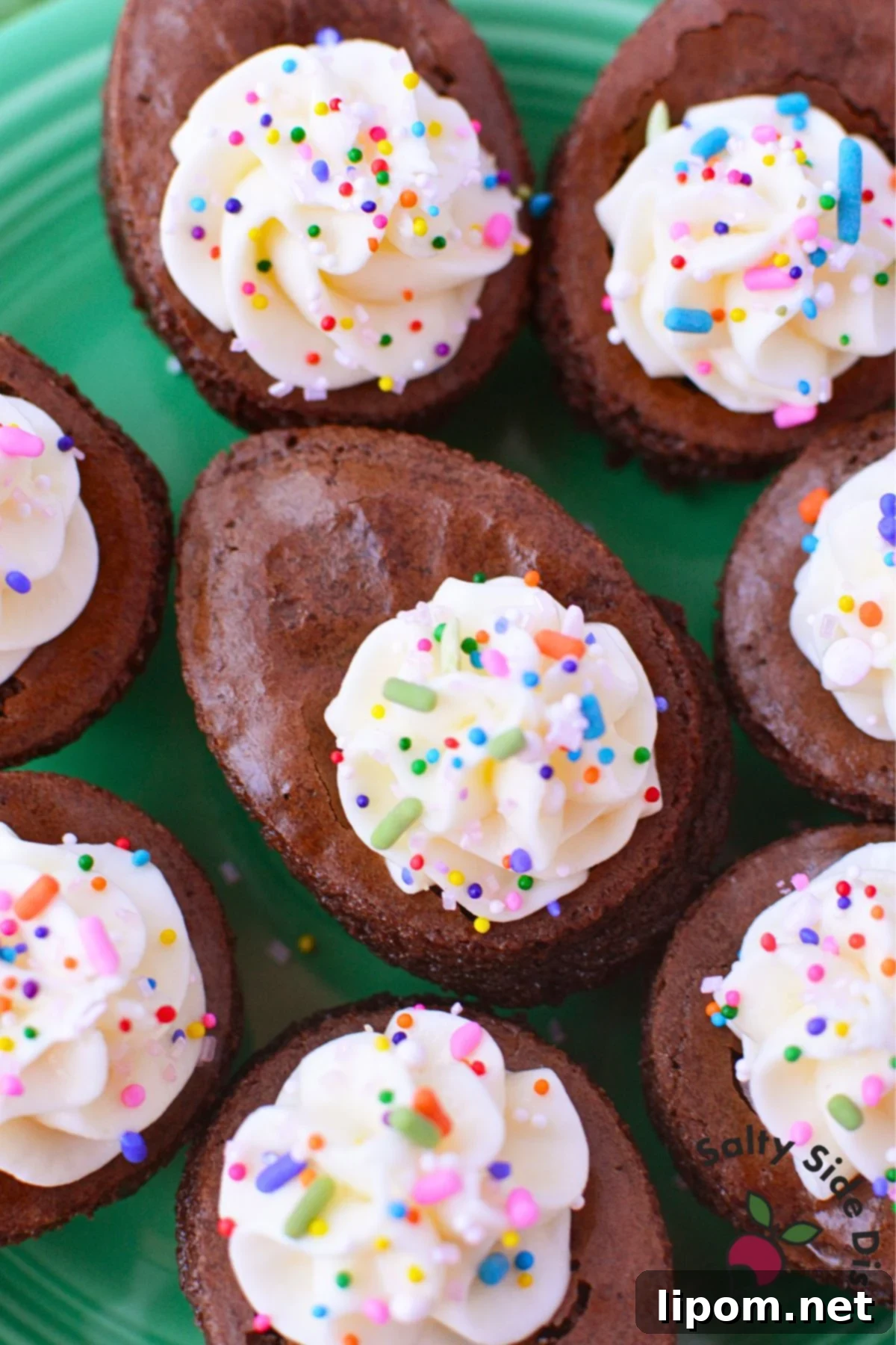 Deviled brownies topped with cream cheese filling and colorful sprinkles for Easter