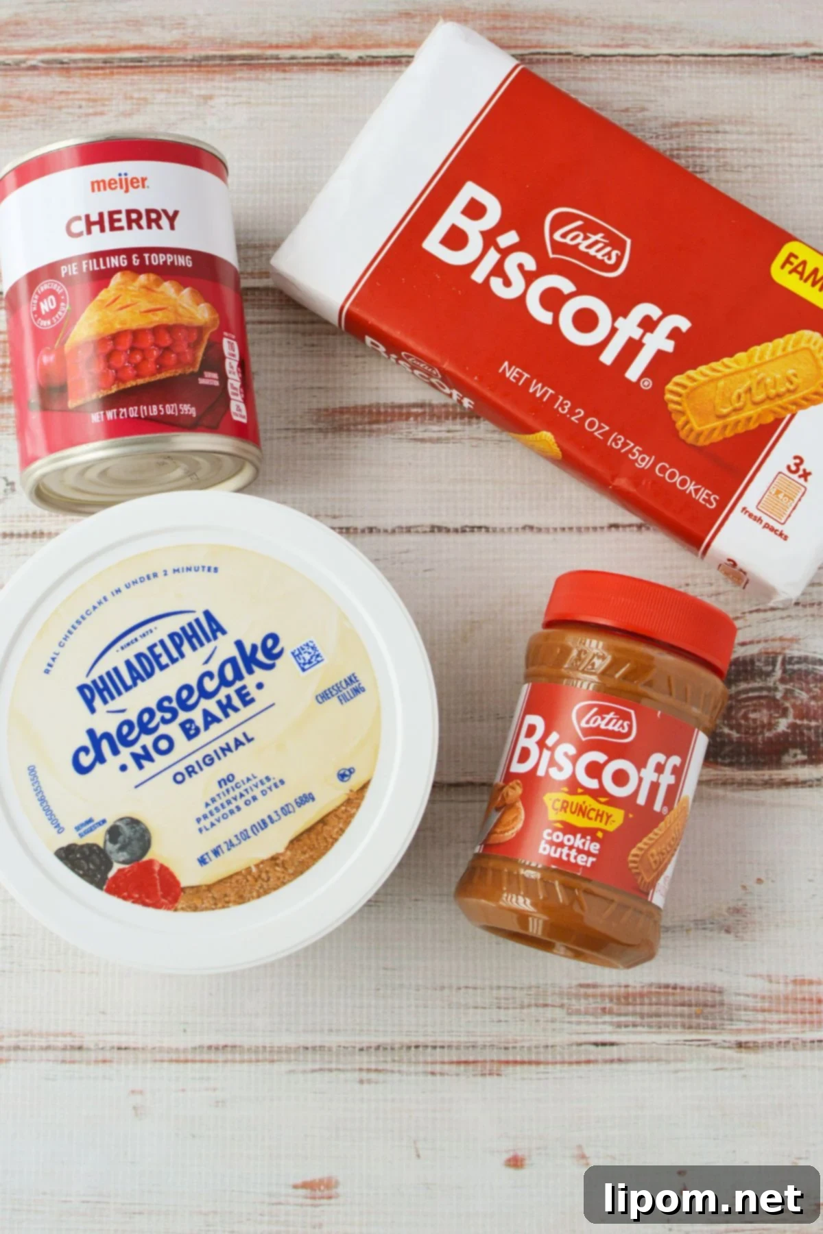 TikTok Japanese Cheesecake with Biscoff: A No-Bake Delight 3 Ingredients for Biscoff cherry cheesecake: no-bake cheesecake, cherry pie filling, Biscoff cookies, and cookie butter