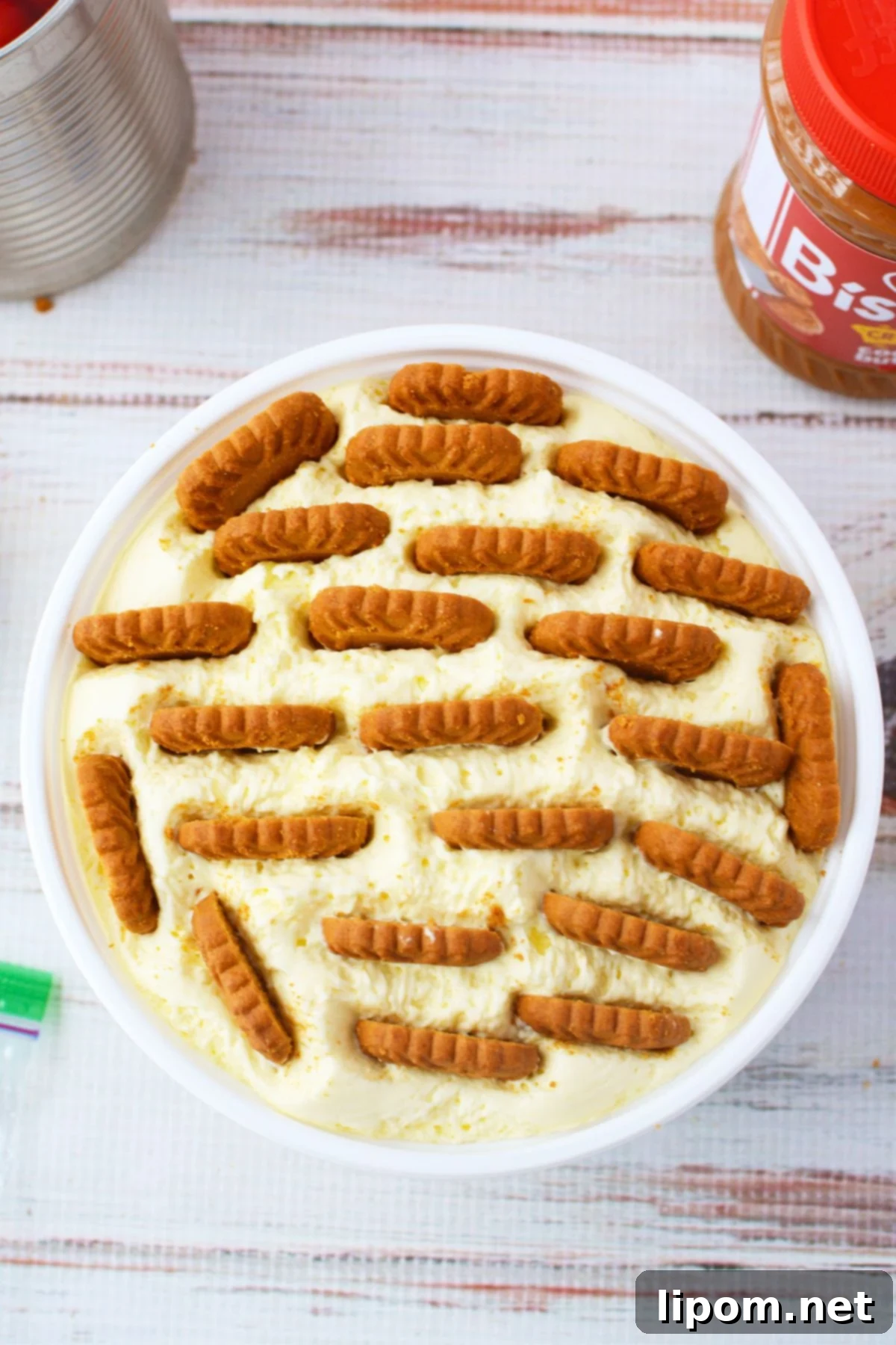 TikTok Japanese Cheesecake with Biscoff: A No-Bake Delight 5 Close view of cherry and Biscoff cookie butter cheesecake slice with creamy texture