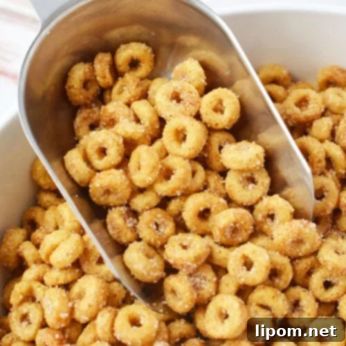 Pan-Fried Cinnamon Toast Cereal Bites 9 Close up of buttery cinnamon sugar Cheerios coated evenly after stovetop cooking