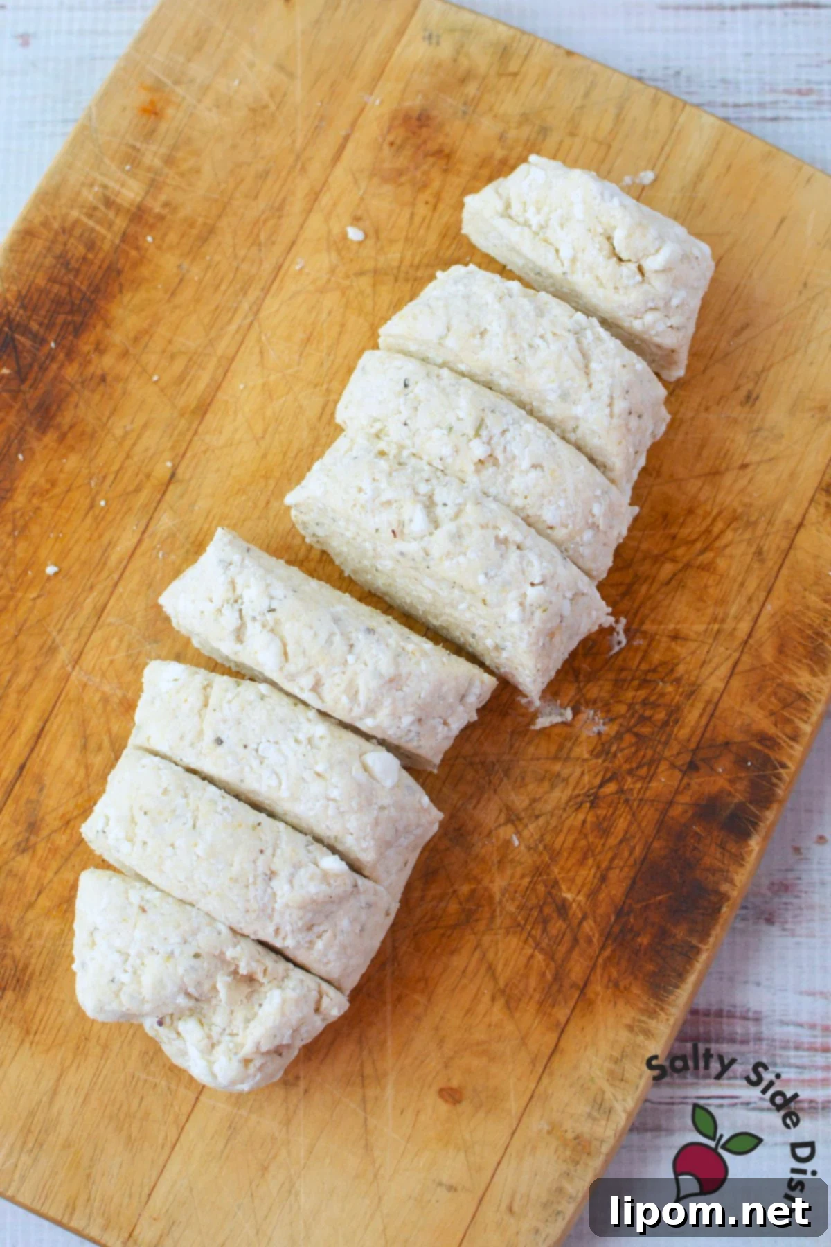 Cottage Cheese Pizza Bites 4 Cottage cheese pizza dough shaped into a log and sliced