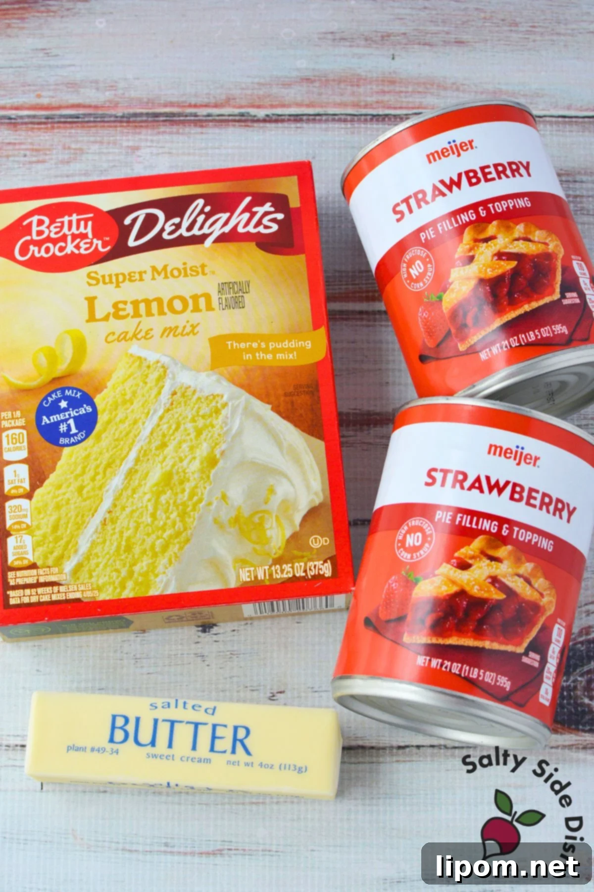 Strawberry Lemon Bliss Cake 3 The three simple ingredients needed for Strawberry Lemon Dump Cake: strawberry pie filling, lemon cake mix, and butter.