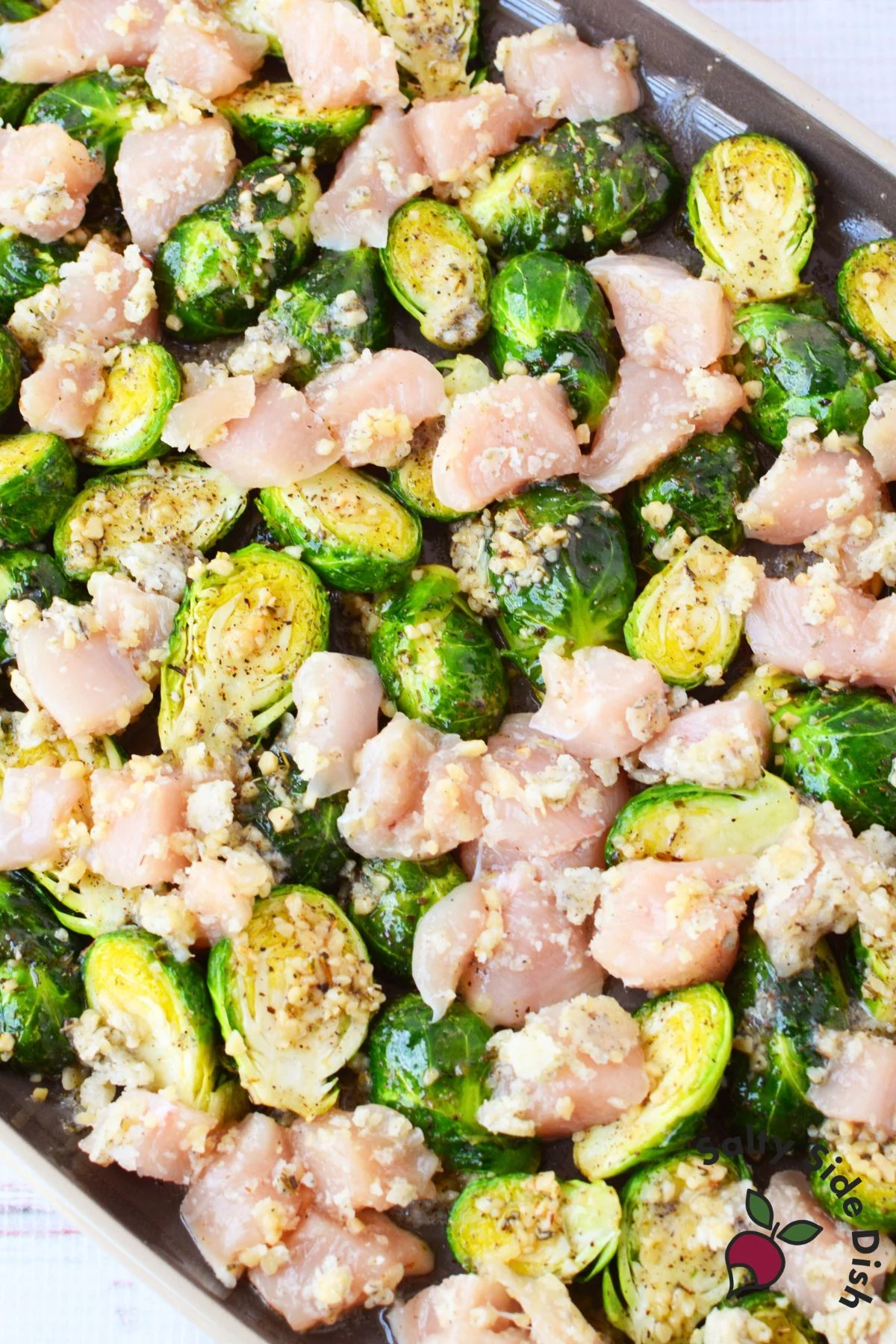 Sheet Pan Chicken and Brussels Sprouts with Garlic Gruyere