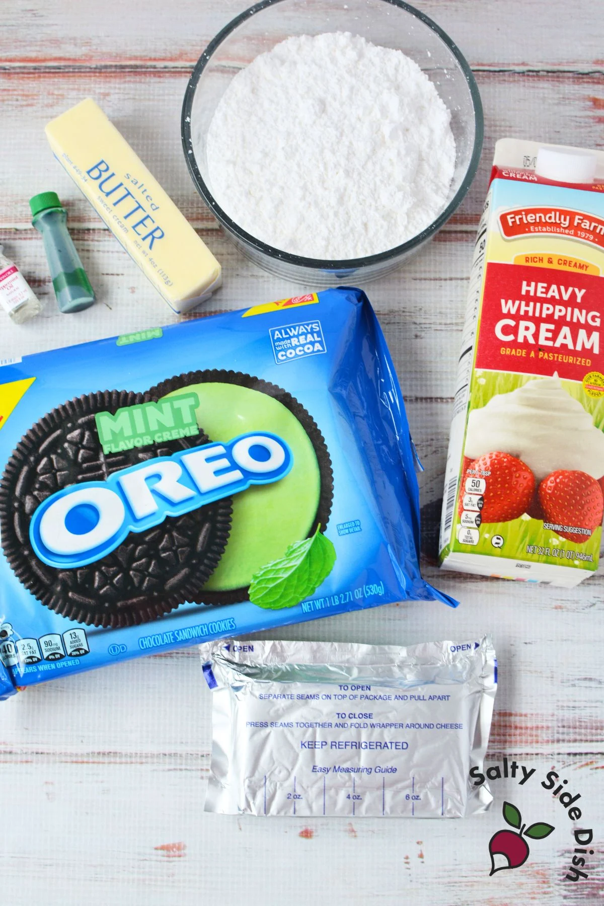 ingredients for grasshopper pie with mint oreos cream cheese and whipping cream