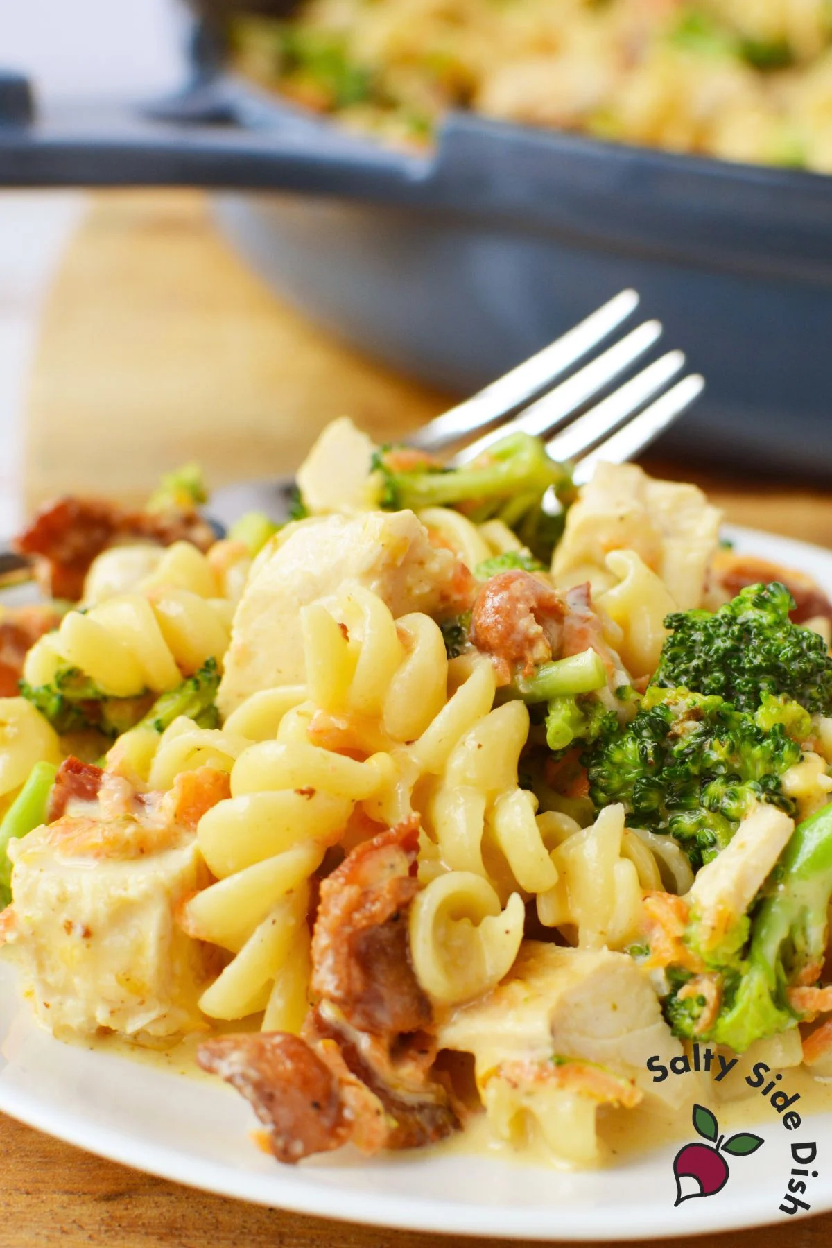Plate of creamy broccoli cheese chicken bacon pasta with rotini, broccoli, carrots, and bacon.