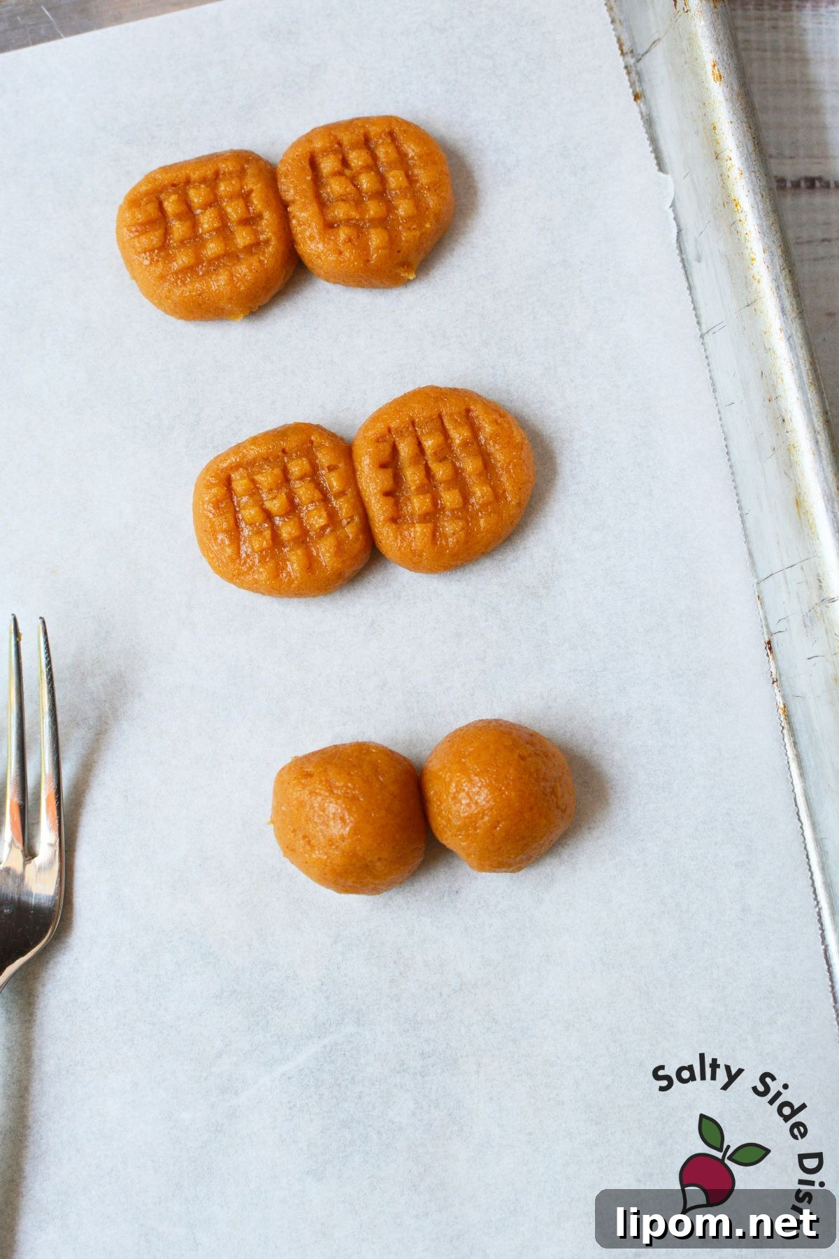 Copycat Nutter Butter Peanut Butter Cookies 4 Nutter butter cookie dough shown in stages, from rolled balls to fork pressed crosshatch cookies