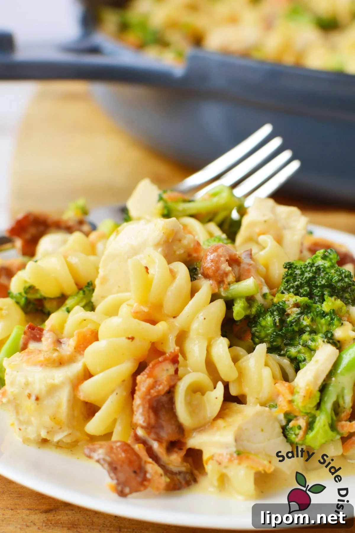 Creamy Chicken, Bacon and Broccoli Pasta with Cheese 6 Plate of creamy broccoli cheese chicken bacon pasta with rotini, broccoli, carrots, and bacon.
