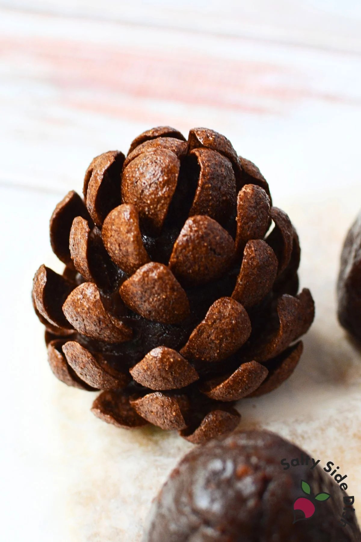 Finished edible pinecone brownie covered with curved chocolate cereal pieces.