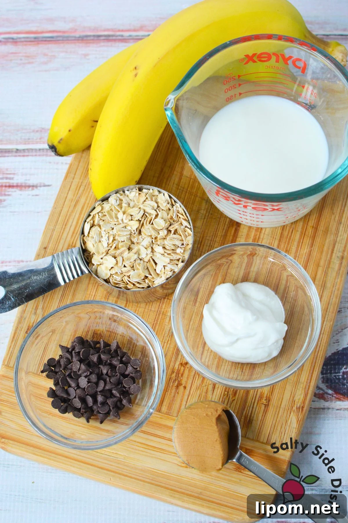 Overnight Oats Recipes: 4 Flavor Variations to Prep Ahead 3 Ingredients for homemade overnight oats with rolled oats, milk, Greek yogurt, banana, peanut butter, and mini chocolate chips.