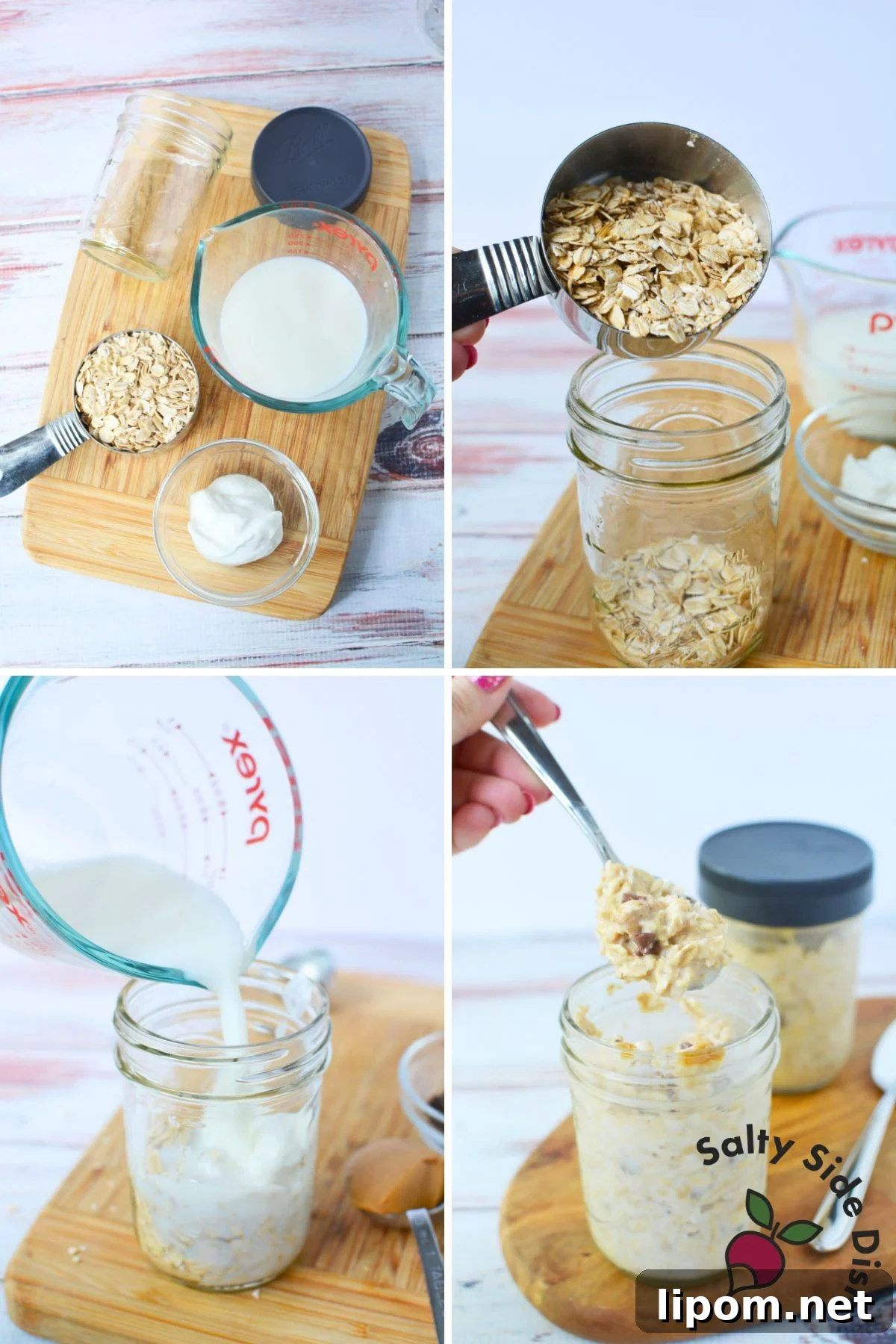 Overnight Oats Recipes: 4 Flavor Variations to Prep Ahead 4 Step-by-step collage showing oats, milk, and Greek yogurt being added to a mason jar to make basic overnight oats.
