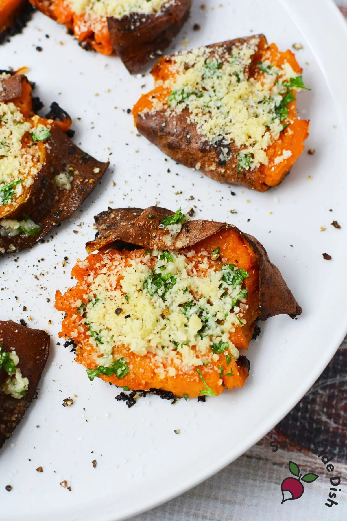 Garlic Parmesan Smashed Sweet Potatoes